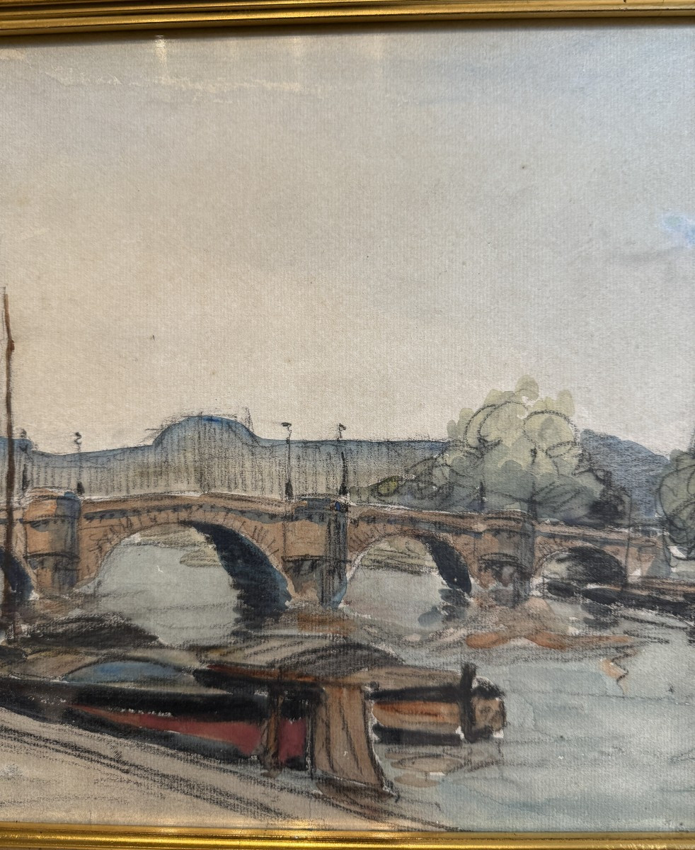 Aquarelle péniches à quai sur la Seine devant le Pont Neuf à Paris par FRANK-BOGGS-photo-1