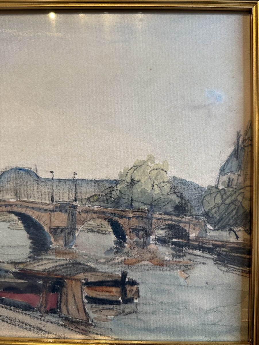 Aquarelle péniches à quai sur la Seine devant le Pont Neuf à Paris par FRANK-BOGGS-photo-2