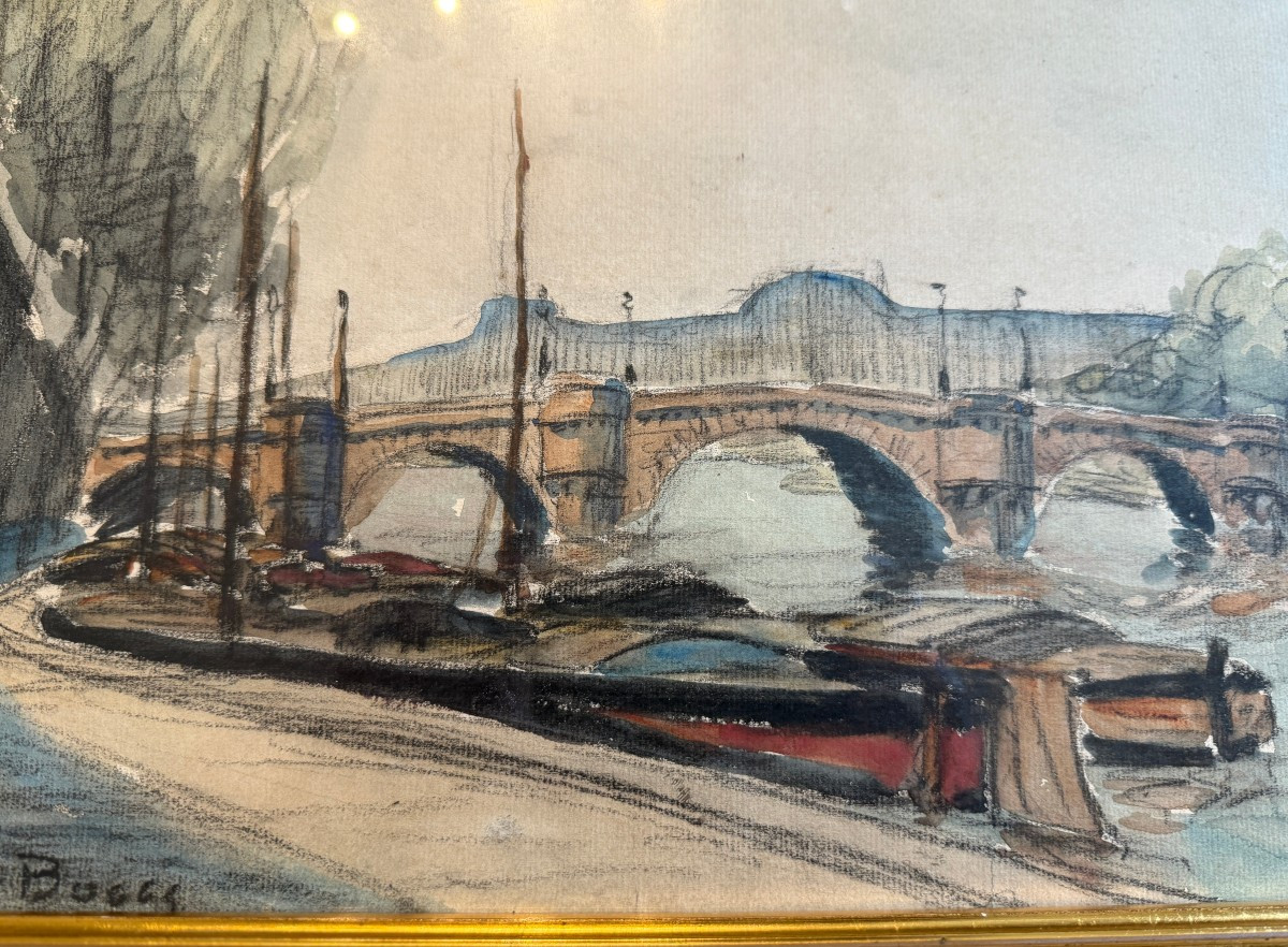 Aquarelle péniches à quai sur la Seine devant le Pont Neuf à Paris par FRANK-BOGGS-photo-3