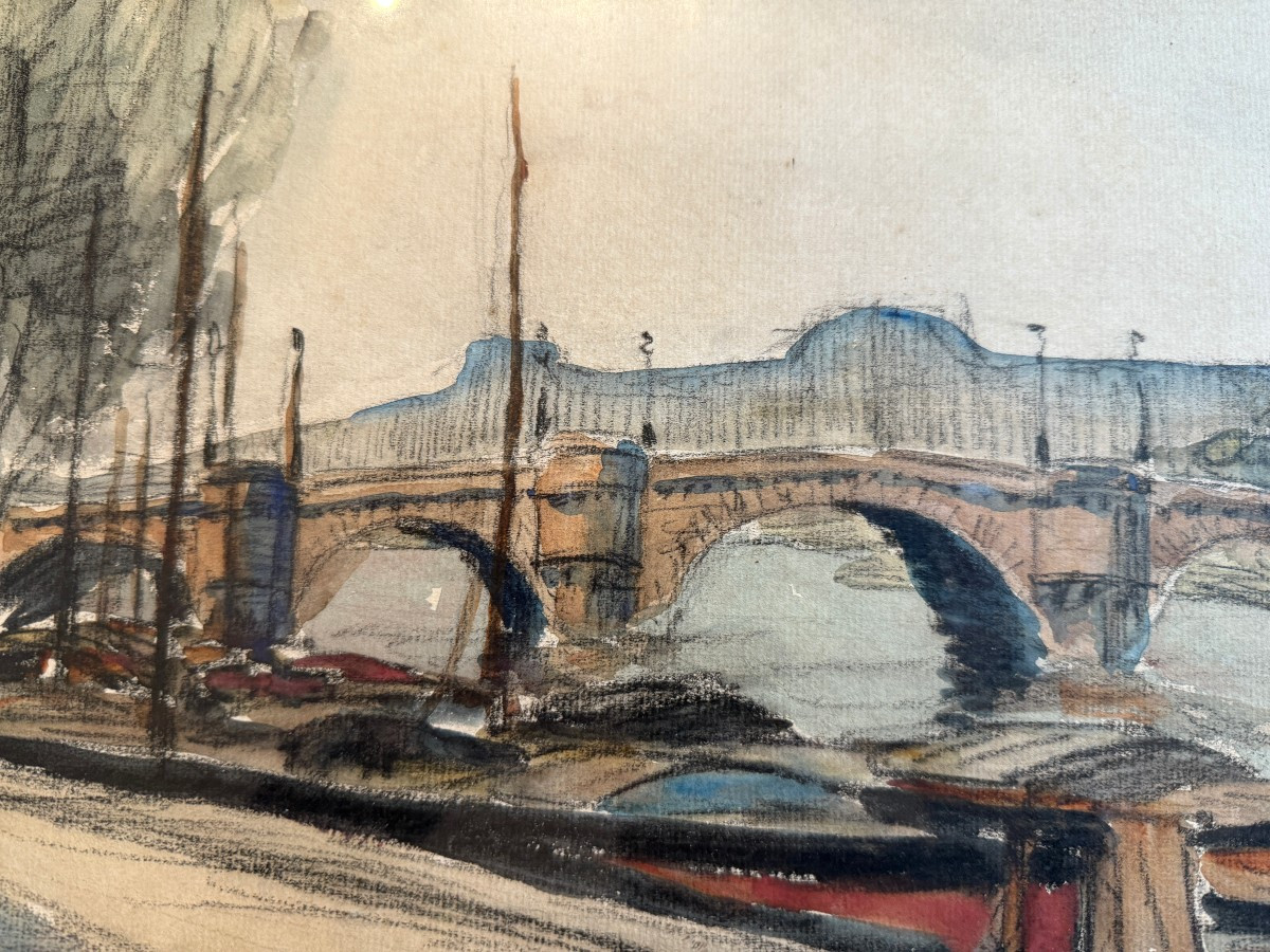 Aquarelle péniches à quai sur la Seine devant le Pont Neuf à Paris par FRANK-BOGGS-photo-4