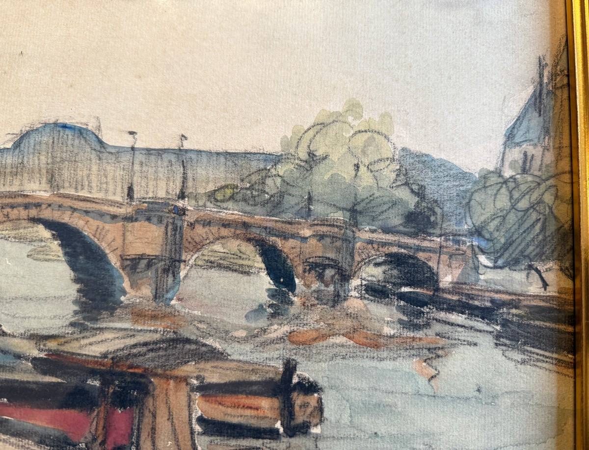 Aquarelle péniches à quai sur la Seine devant le Pont Neuf à Paris par FRANK-BOGGS-photo-5