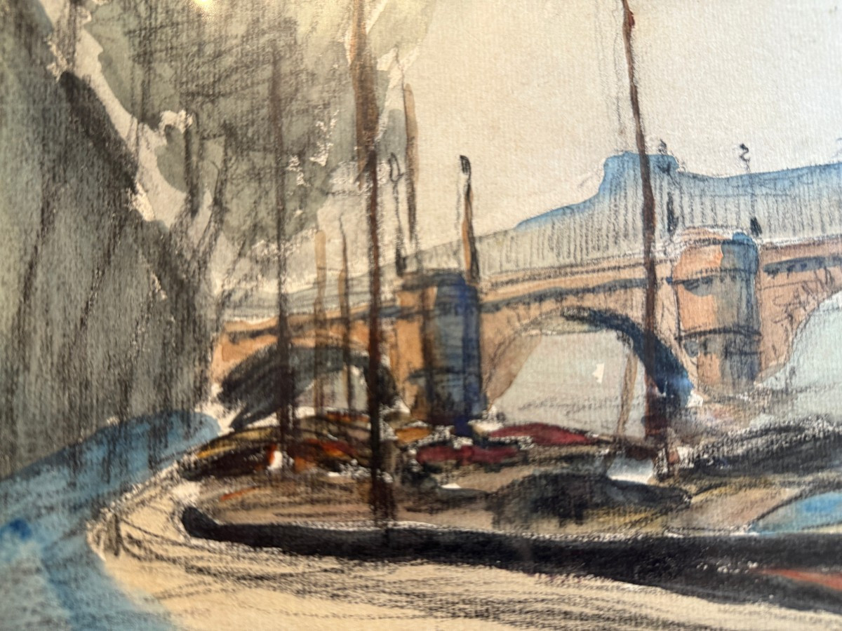 Aquarelle péniches à quai sur la Seine devant le Pont Neuf à Paris par FRANK-BOGGS-photo-6