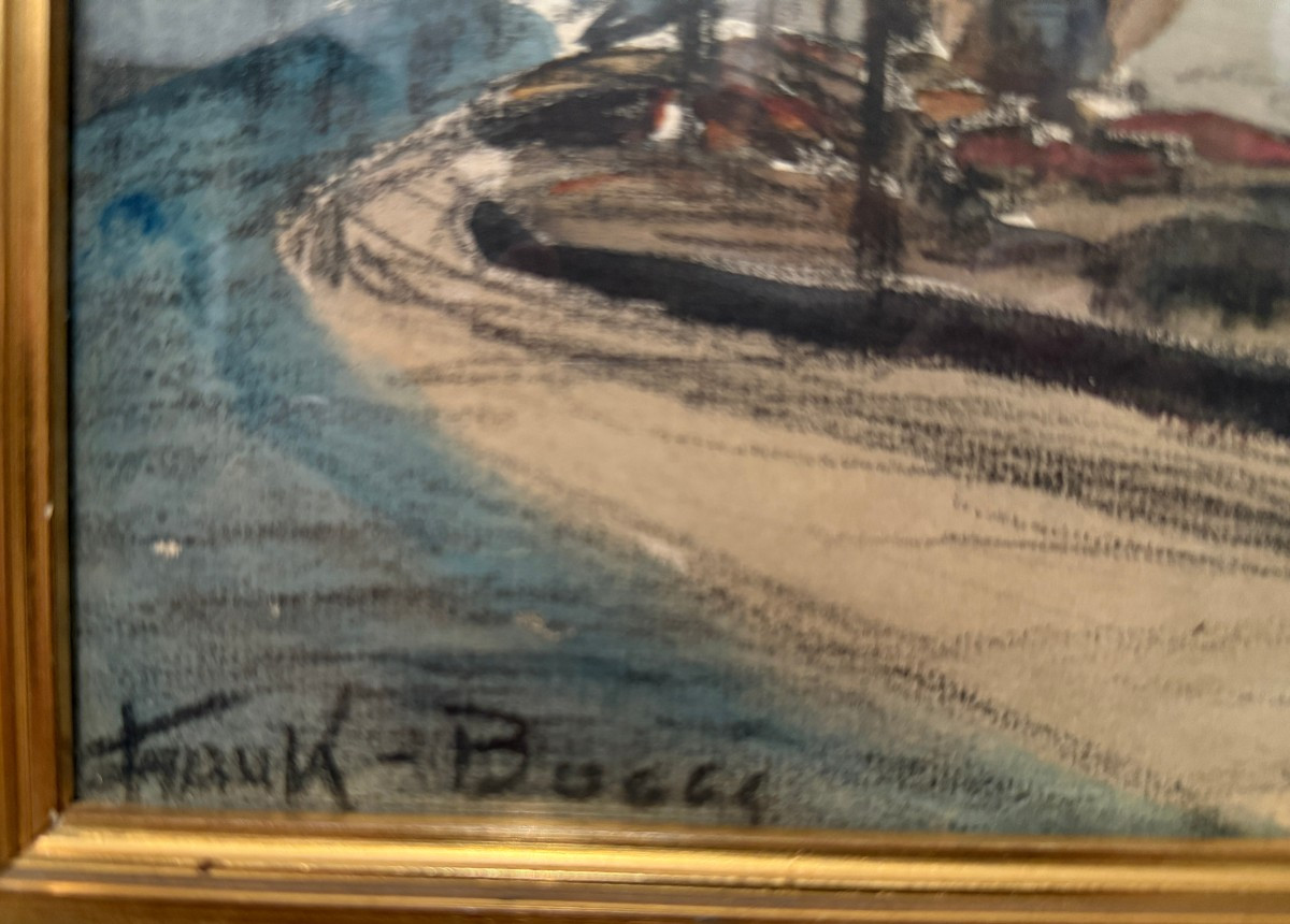 Aquarelle péniches à quai sur la Seine devant le Pont Neuf à Paris par FRANK-BOGGS-photo-7