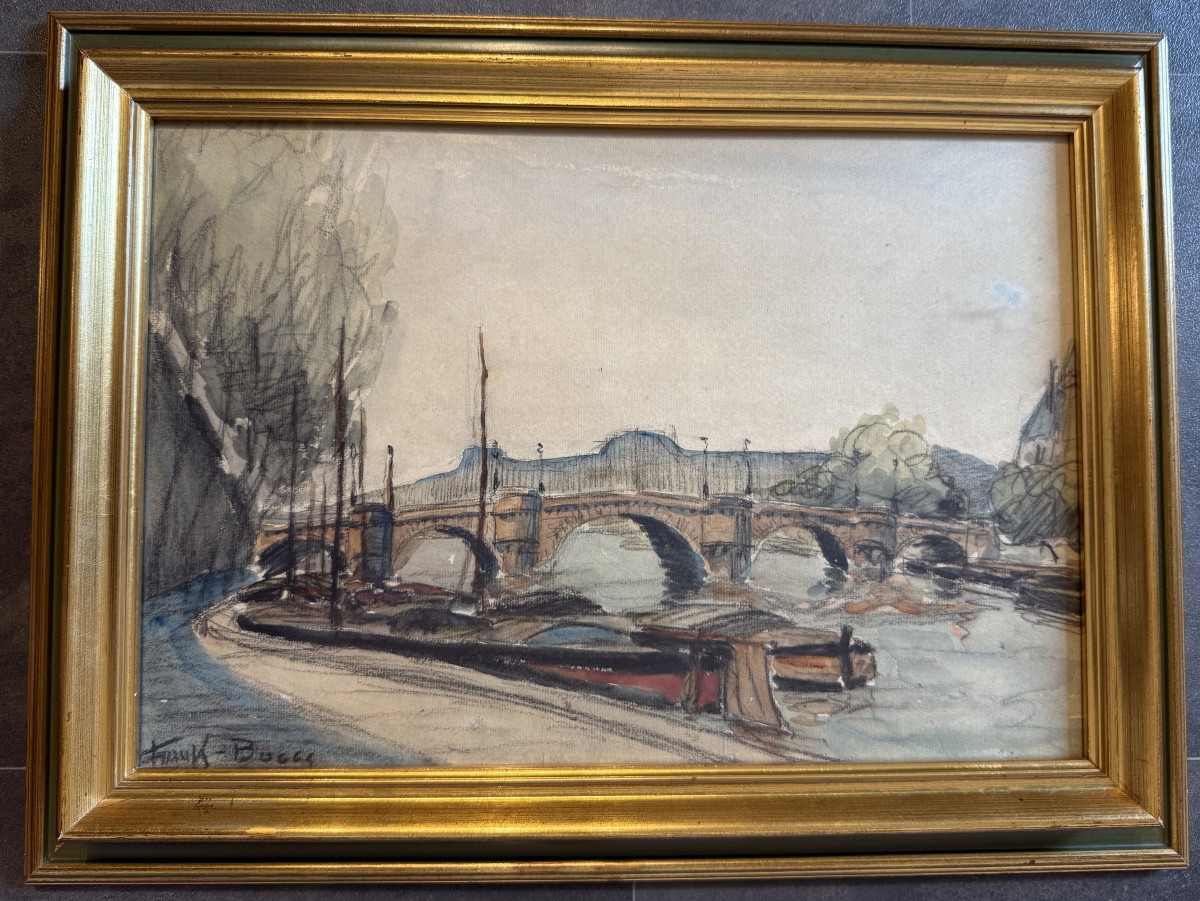 Aquarelle péniches à quai sur la Seine devant le Pont Neuf à Paris par FRANK-BOGGS