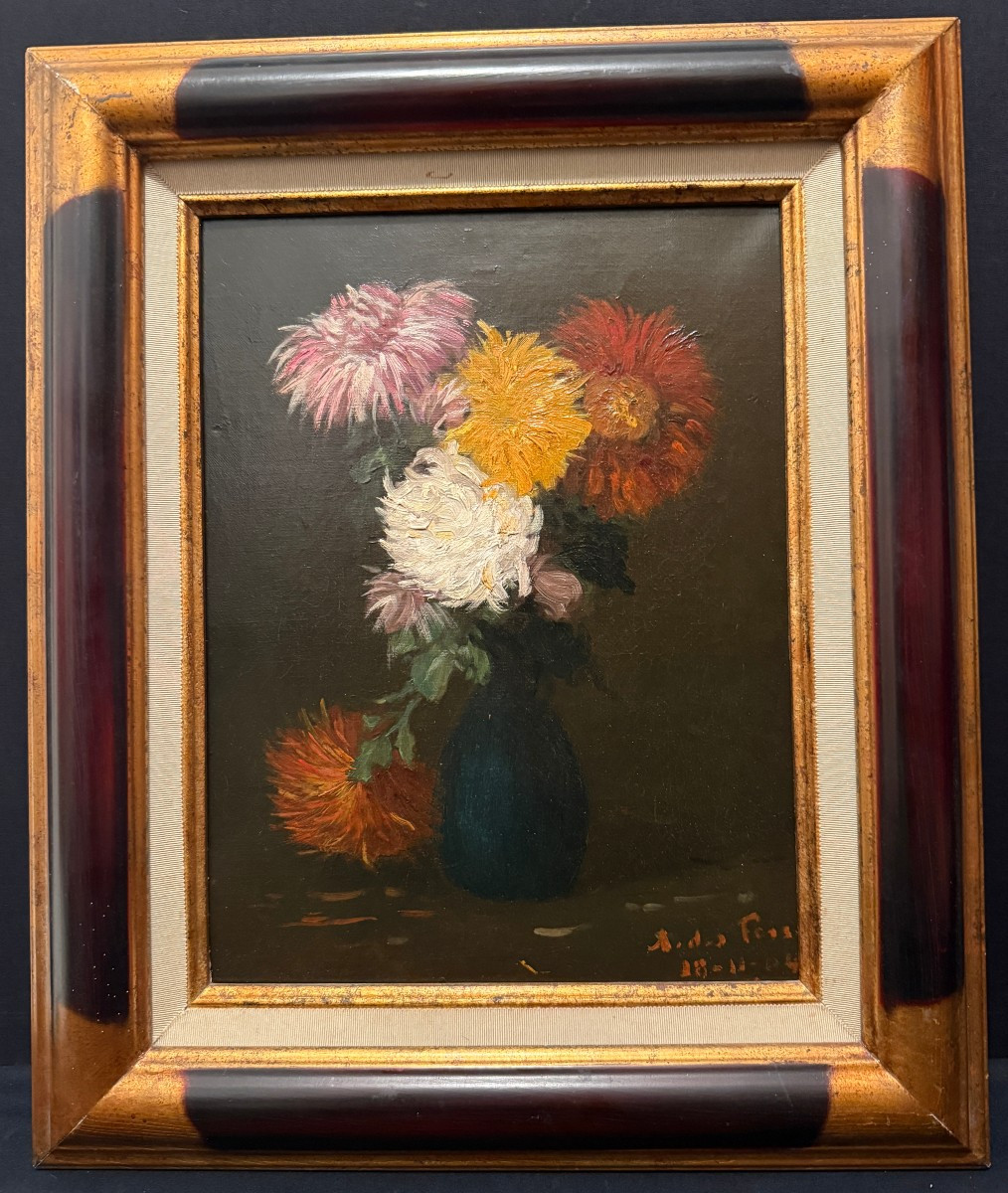 Tableau nature morte au bouquet de chrysanthèmes par Furcy de Lavault  1904
