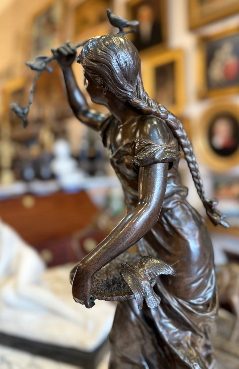 Important Art Nouveau Bronze Sculpture, "the Bird Charmer," By Hippolyte Moreau, Circa 1880-photo-1