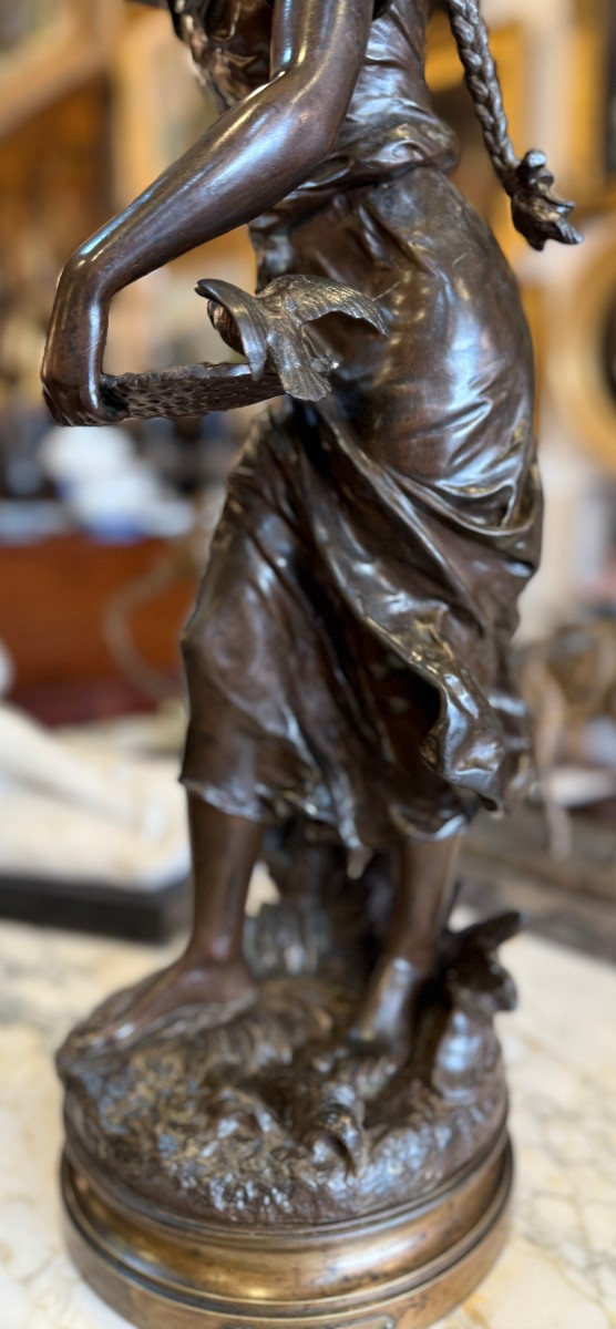 Important Art Nouveau Bronze Sculpture, "the Bird Charmer," By Hippolyte Moreau, Circa 1880-photo-2