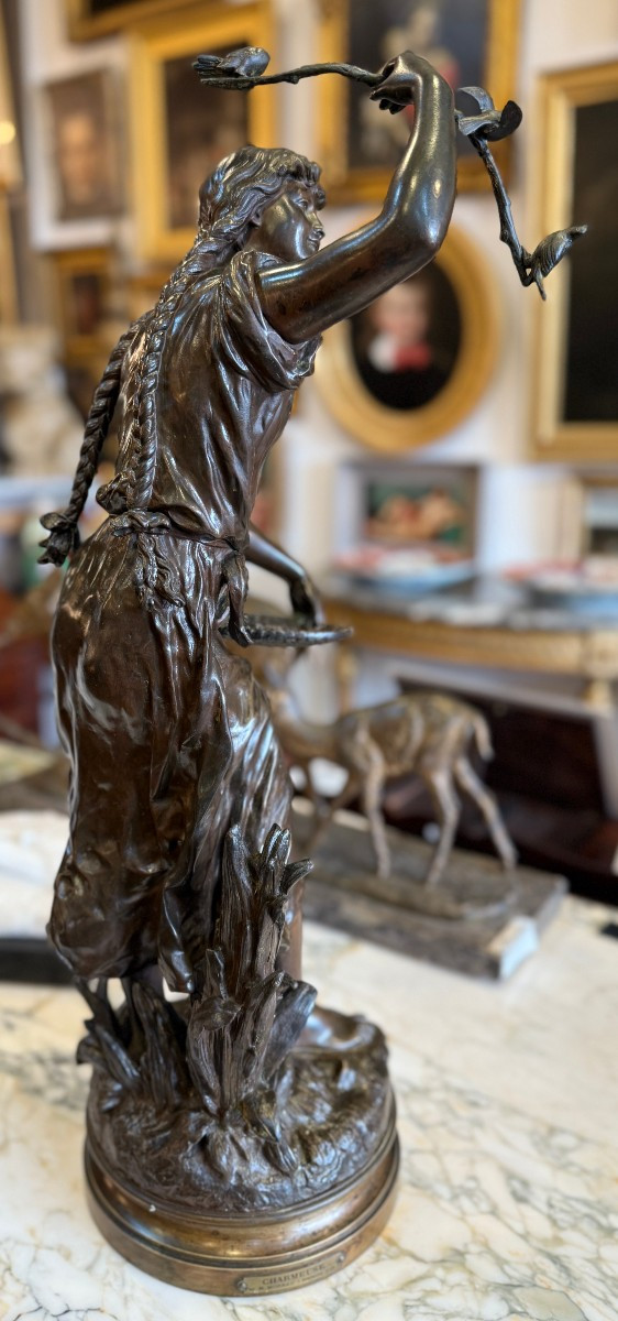 Important Art Nouveau Bronze Sculpture, "the Bird Charmer," By Hippolyte Moreau, Circa 1880-photo-5