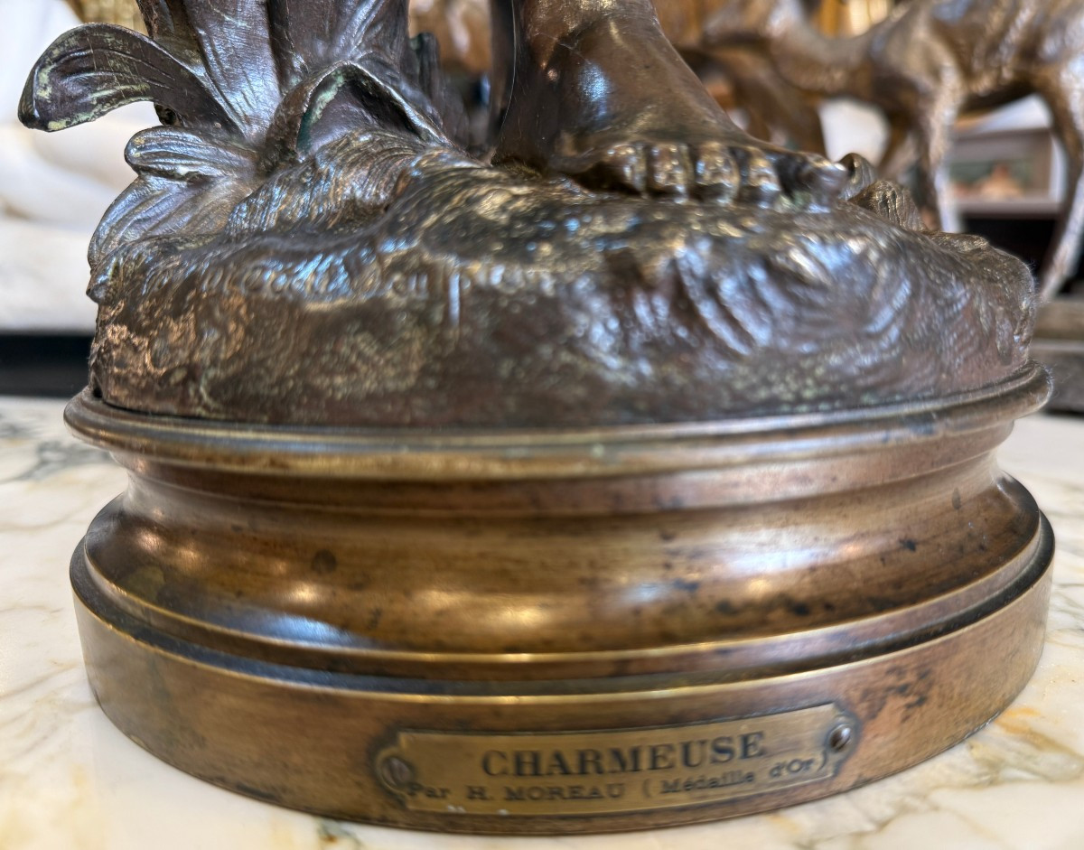Important Art Nouveau Bronze Sculpture, "the Bird Charmer," By Hippolyte Moreau, Circa 1880-photo-7