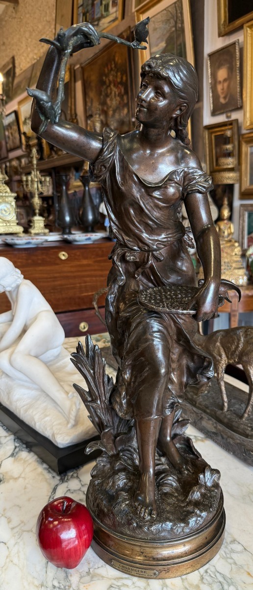 Important Art Nouveau Bronze Sculpture, "the Bird Charmer," By Hippolyte Moreau, Circa 1880-photo-6