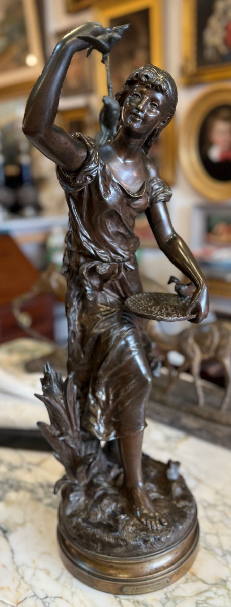 Important Art Nouveau Bronze Sculpture, "the Bird Charmer," By Hippolyte Moreau, Circa 1880