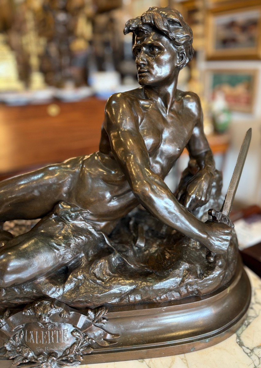 Very Important Bronze Sculpture, "the Alert," By Léon Bonduel, 1889-photo-2