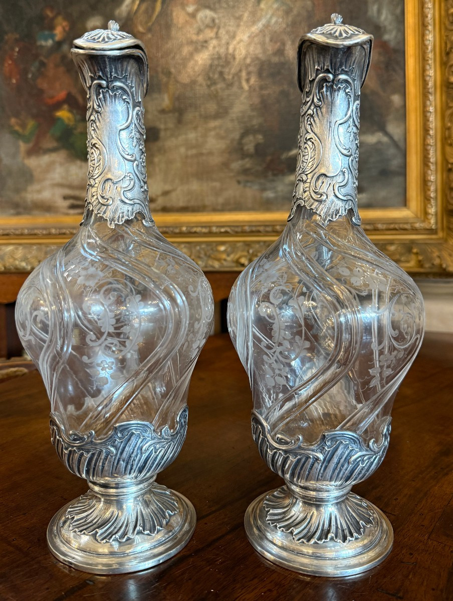 Pair Of Cut Crystal Ewers With Solid Silver Mounts, Silversmith Saglier Frères Paris 1897-photo-4