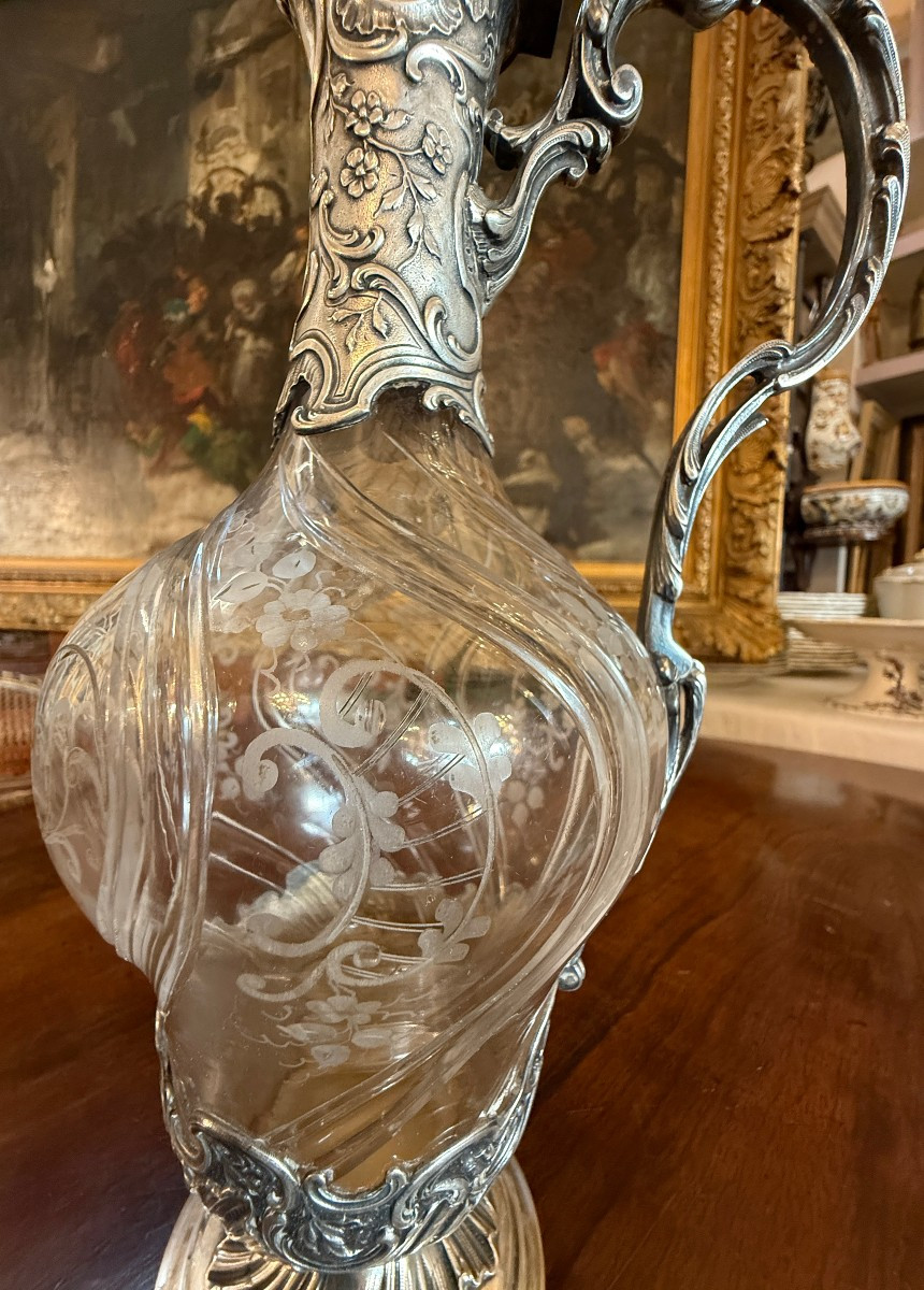 Pair Of Cut Crystal Ewers With Solid Silver Mounts, Silversmith Saglier Frères Paris 1897-photo-3
