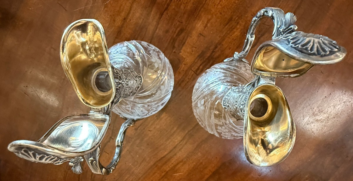 Pair Of Cut Crystal Ewers With Solid Silver Mounts, Silversmith Saglier Frères Paris 1897-photo-7