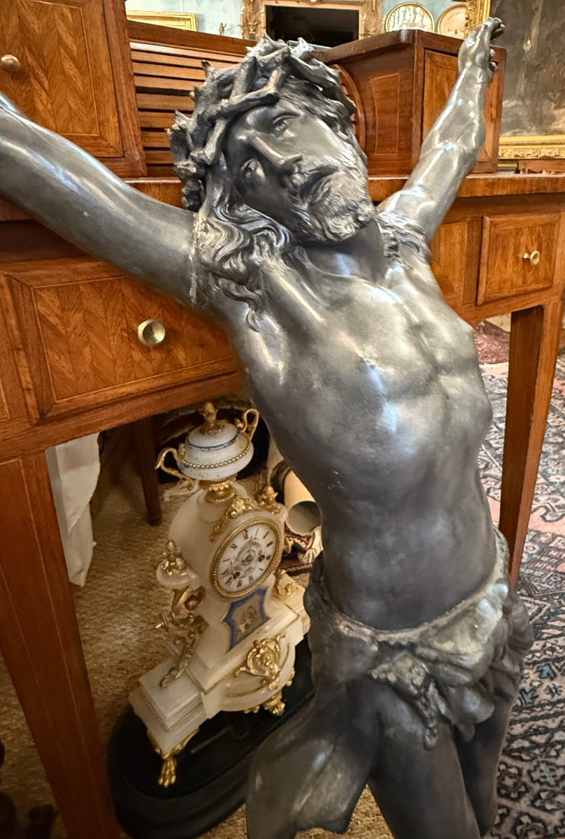 Grand Christ d'autel en étain 90 cm XIXème M P Paris-photo-2