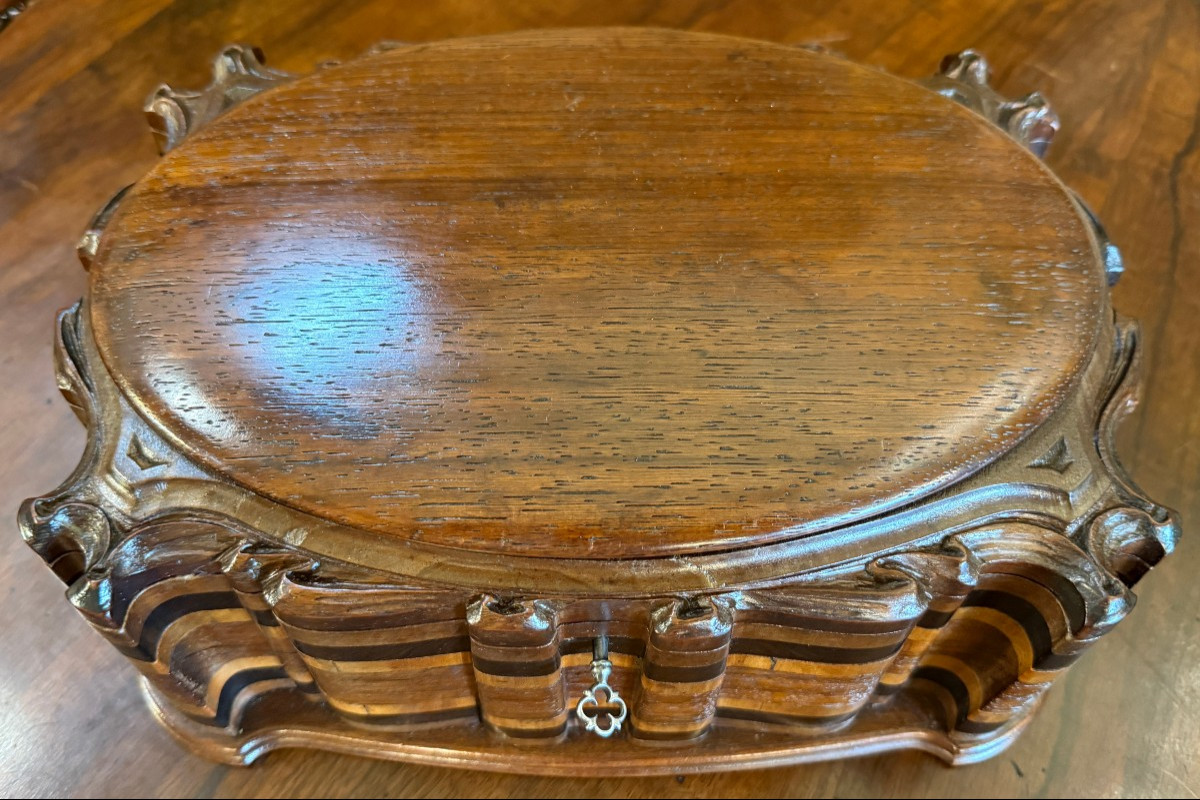 Grand coffret boîte Art Nouveau en bois exotiques XIXème vers 1890-photo-3