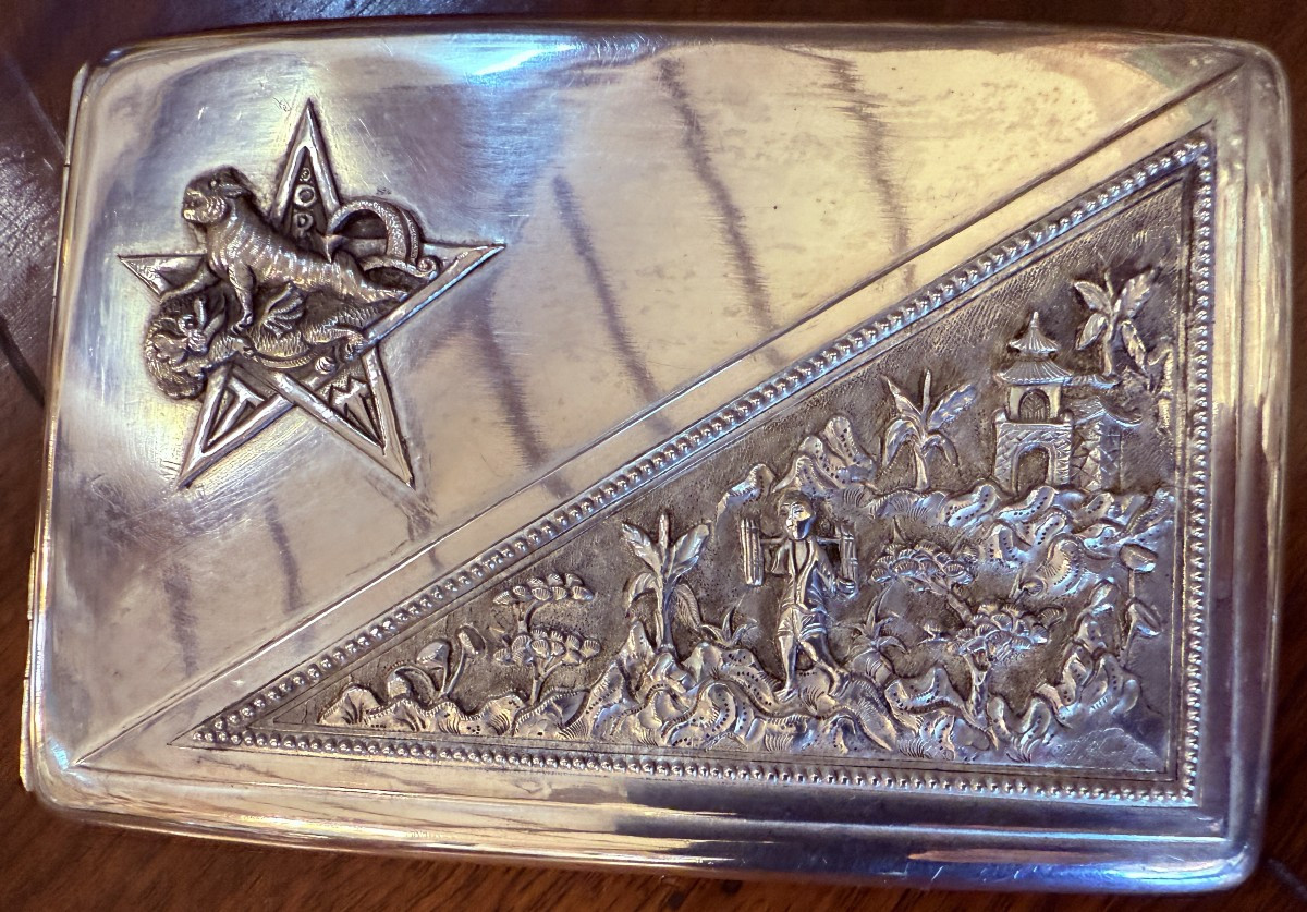 Étui à cigarettes décor tigre et  dragon argent massif Indochine-photo-2