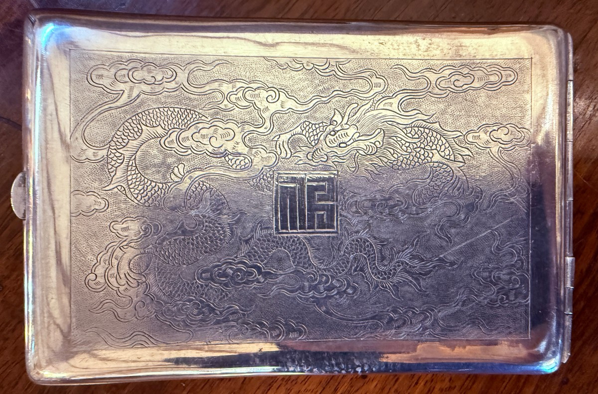 Étui à cigarettes décor tigre et  dragon argent massif Indochine-photo-4
