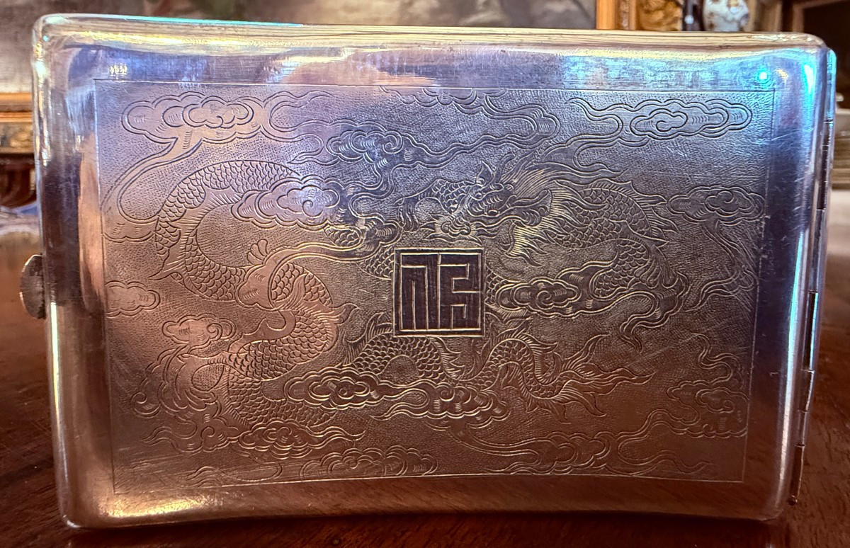 Étui à cigarettes décor tigre et  dragon argent massif Indochine-photo-6