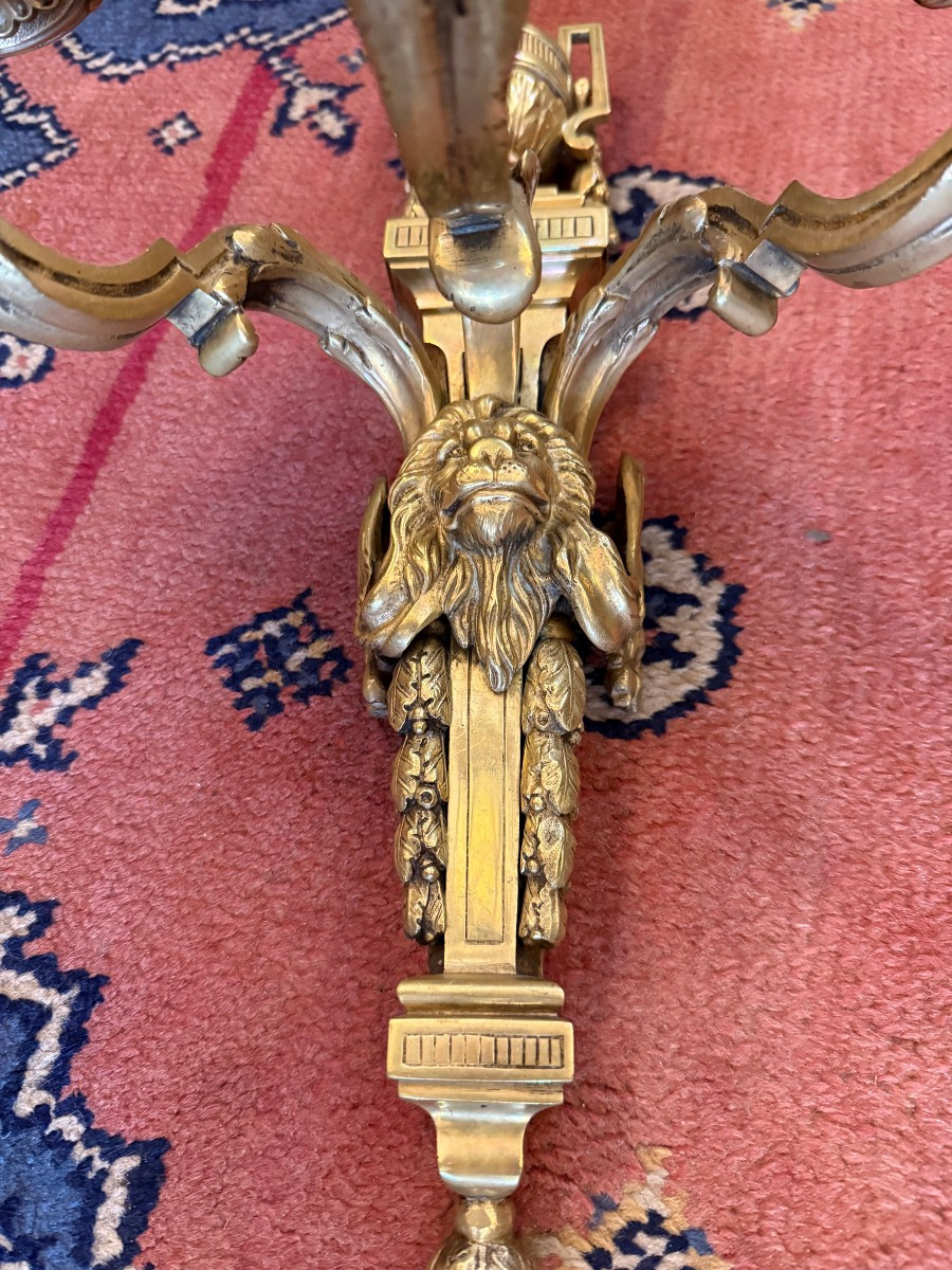 Important Pair Of Louis XVI Style Gilt Bronze Wall Sconces, Late 19th Century, 53 Cm-photo-2