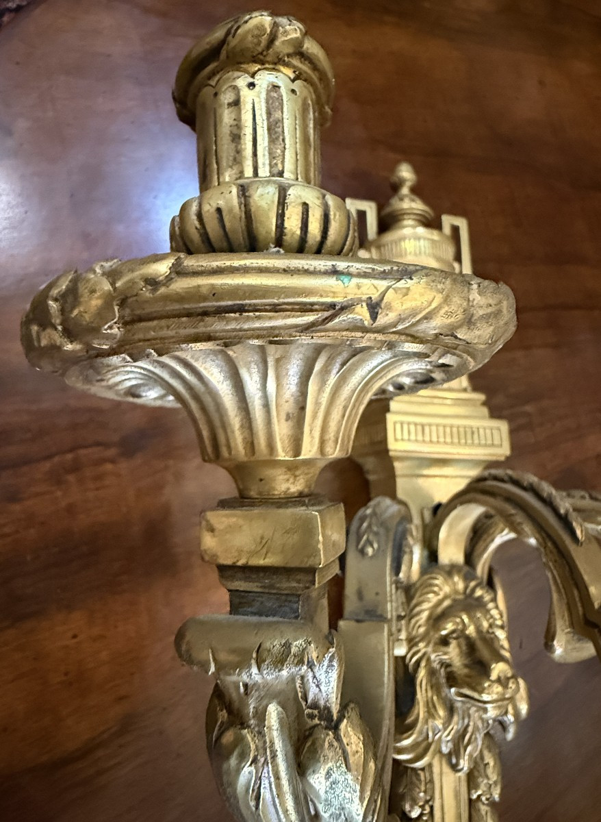 Important Pair Of Louis XVI Style Gilt Bronze Wall Sconces, Late 19th Century, 53 Cm-photo-5