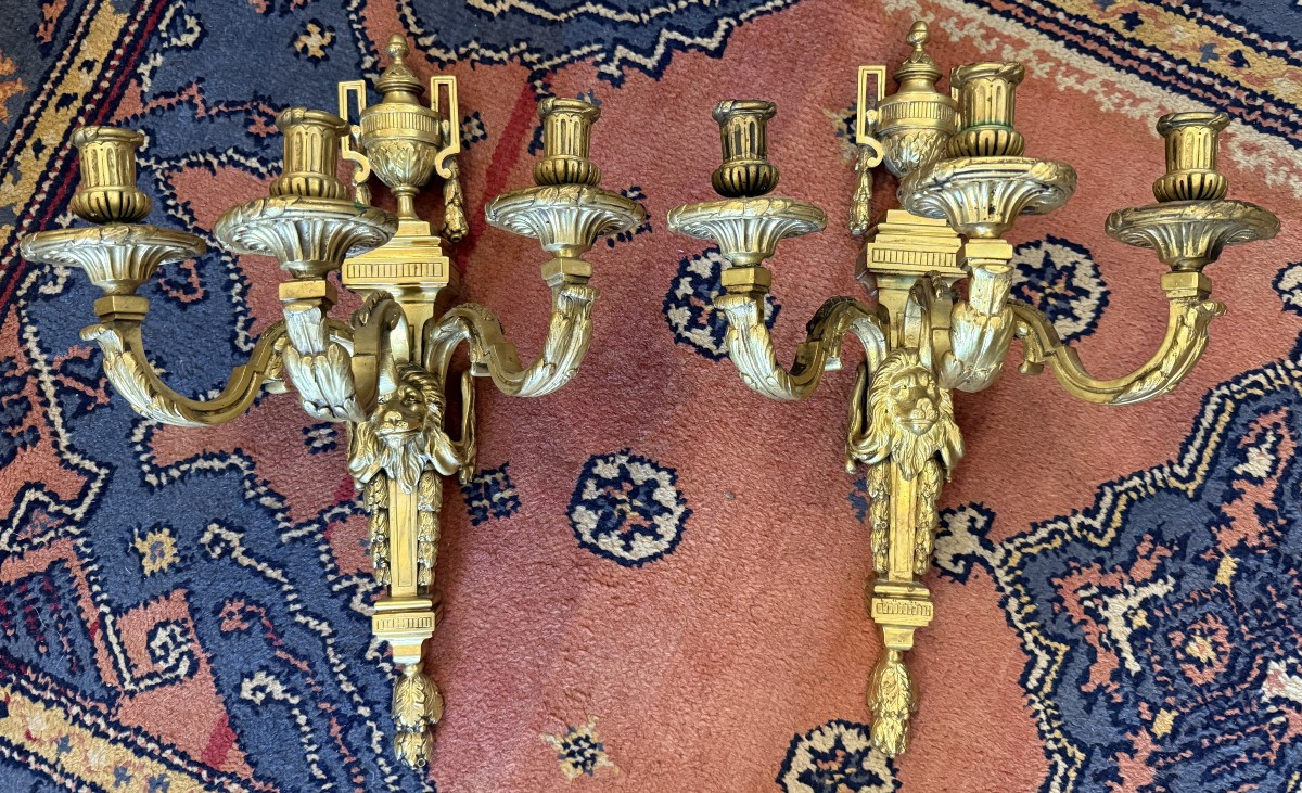 Important Pair Of Louis XVI Style Gilt Bronze Wall Sconces, Late 19th Century, 53 Cm