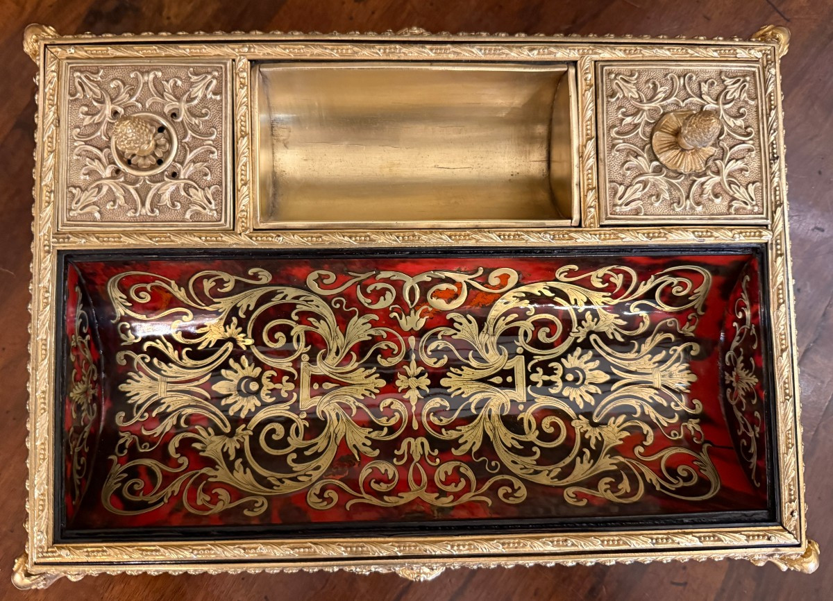 Grand encrier de bureau têtes égyptiennes marqueterie Boulle Louis XIV époque Napolèon III -photo-3