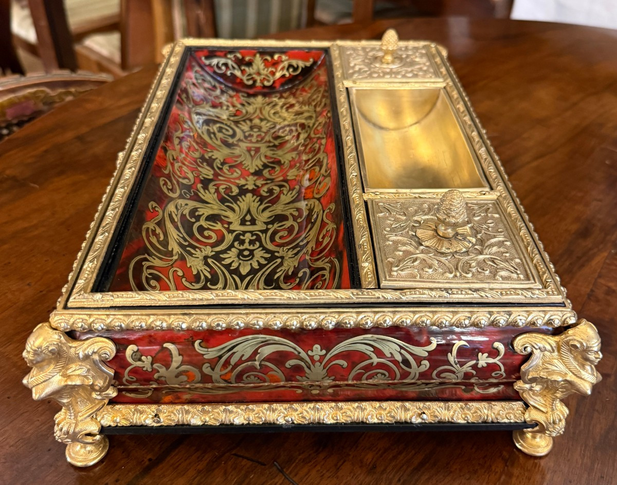 Grand encrier de bureau têtes égyptiennes marqueterie Boulle Louis XIV époque Napolèon III -photo-4