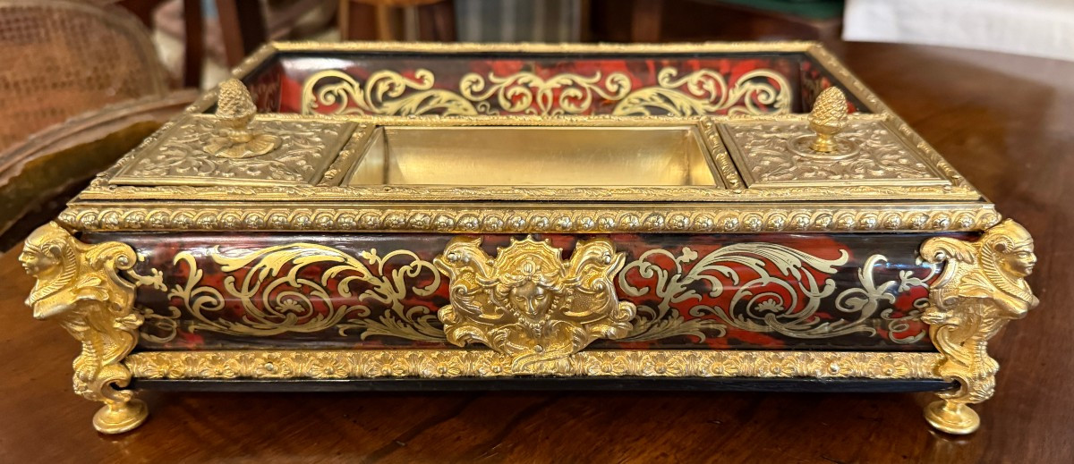 Grand encrier de bureau têtes égyptiennes marqueterie Boulle Louis XIV époque Napolèon III -photo-1