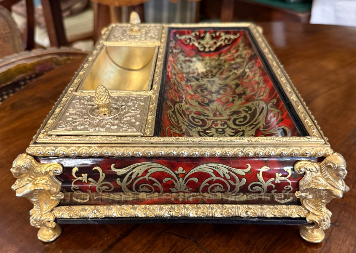 Grand encrier de bureau têtes égyptiennes marqueterie Boulle Louis XIV époque Napolèon III -photo-2