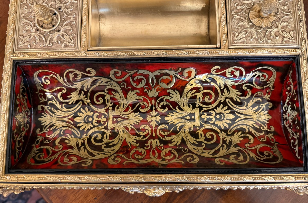 Grand encrier de bureau têtes égyptiennes marqueterie Boulle Louis XIV époque Napolèon III -photo-5