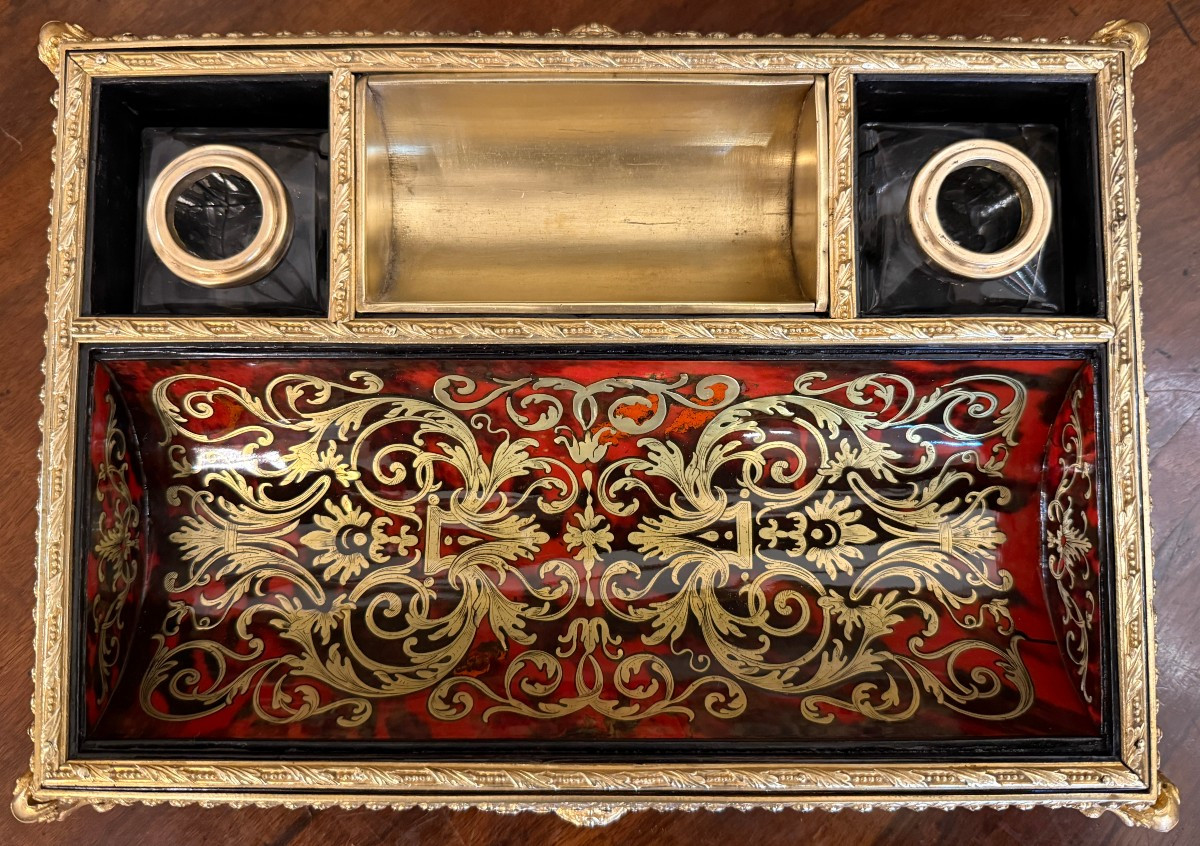 Grand encrier de bureau têtes égyptiennes marqueterie Boulle Louis XIV époque Napolèon III -photo-6