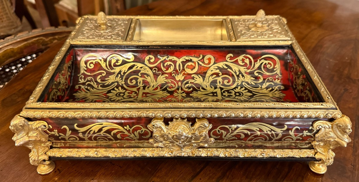 Grand encrier de bureau têtes égyptiennes marqueterie Boulle Louis XIV époque Napolèon III 