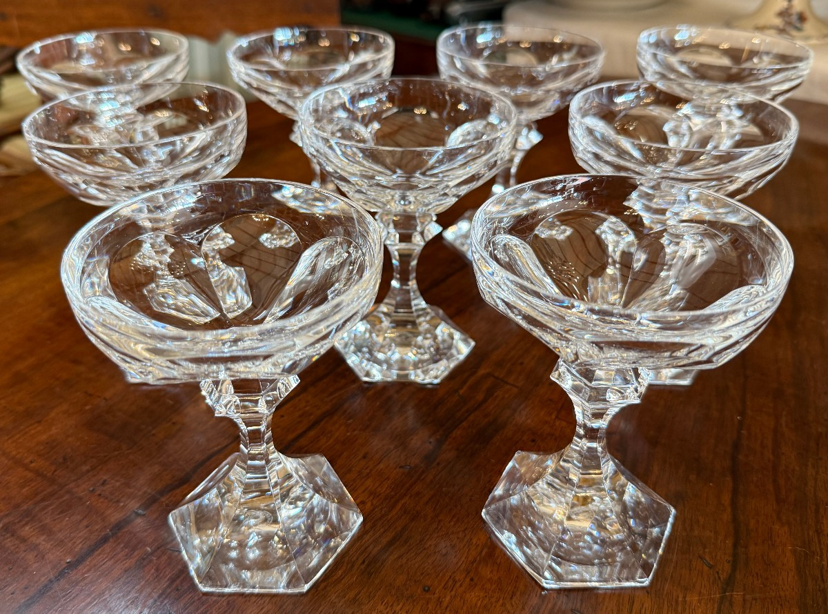 Saint Louis 9 Large Crystal Champagne Coupes, Chambord Model