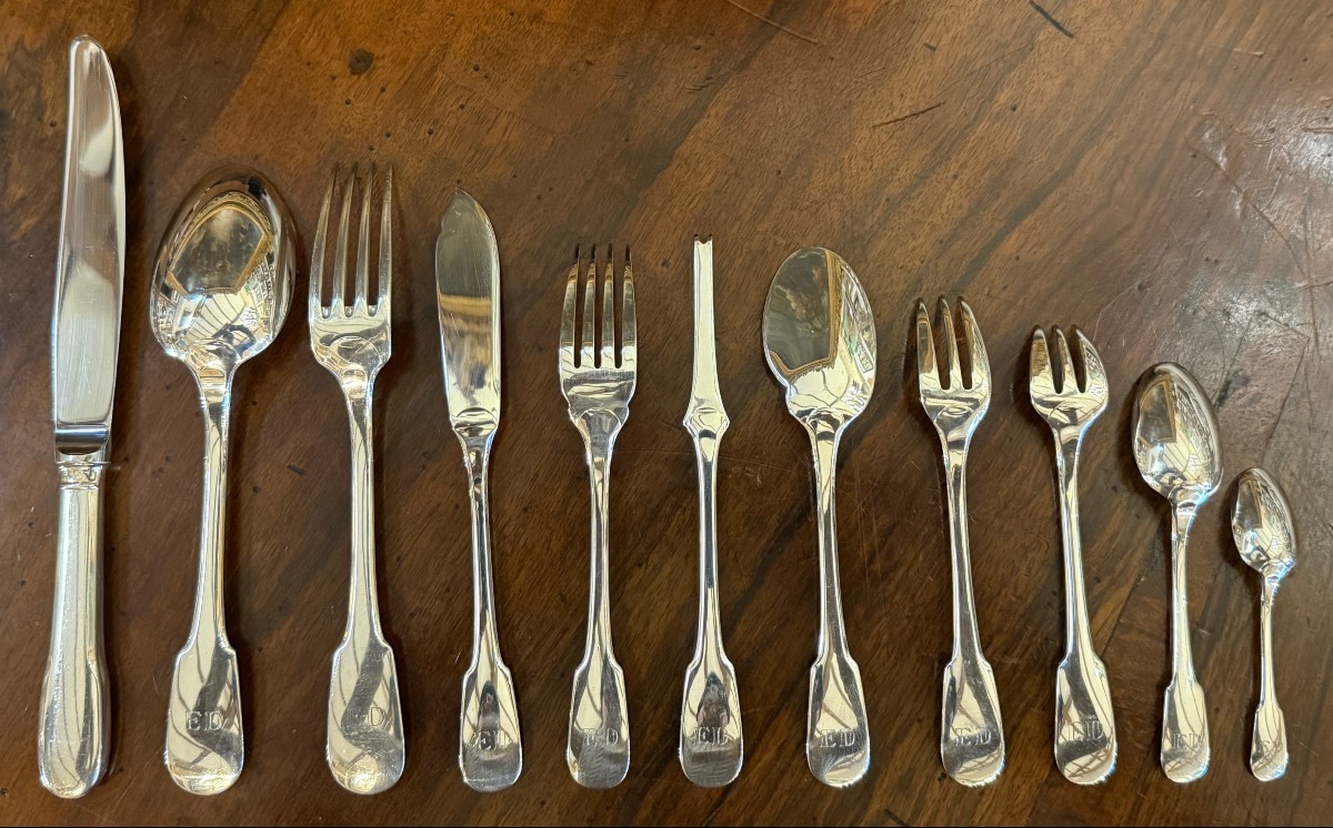 Christofle 142-piece Silver-plated Flatware Set, Cluny Pattern, Very Good Condition-photo-2