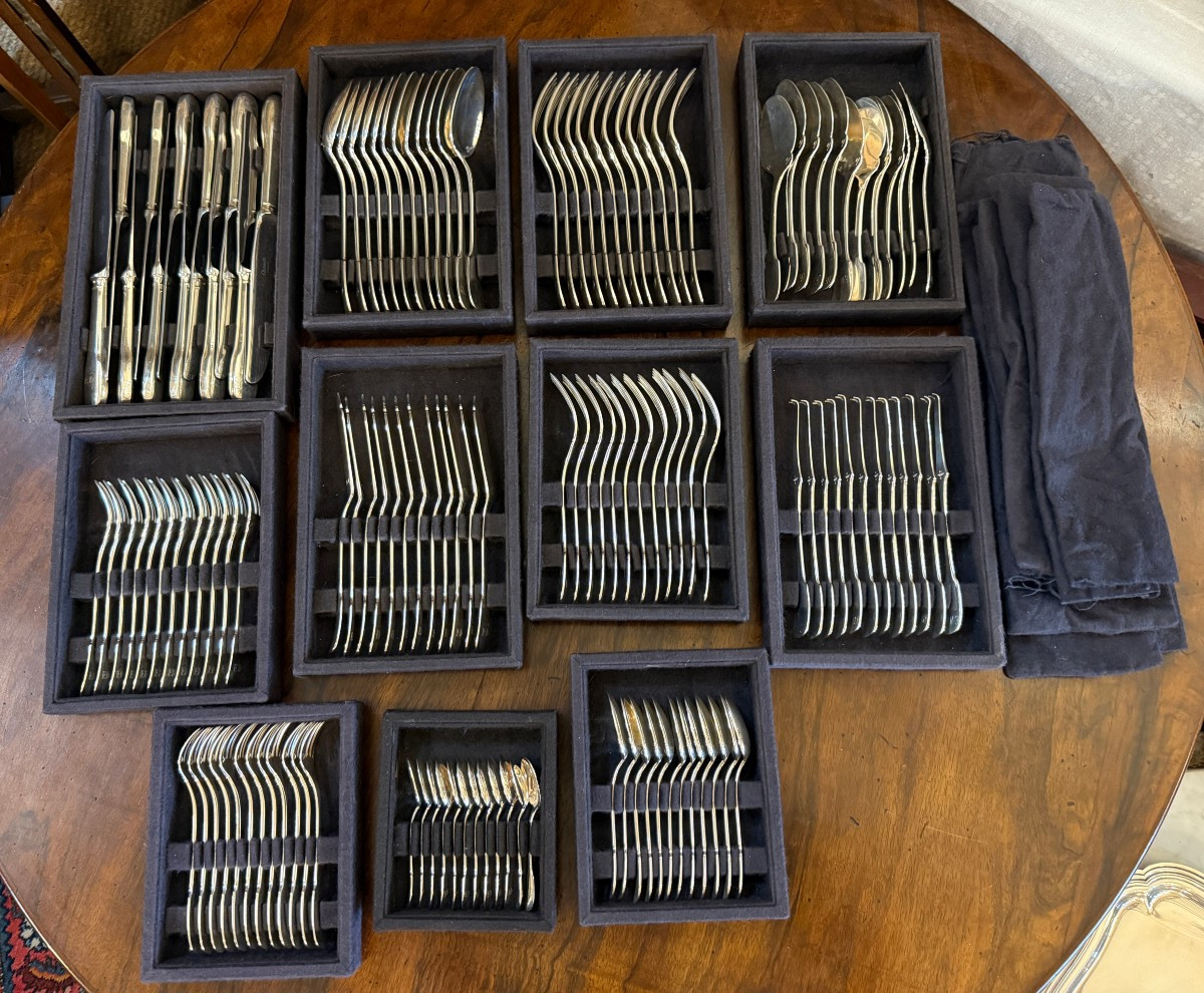 Christofle 142-piece Silver-plated Flatware Set, Cluny Pattern, Very Good Condition-photo-8