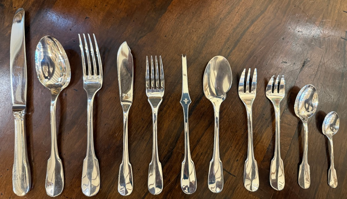 Christofle 142-piece Silver-plated Flatware Set, Cluny Pattern, Very Good Condition