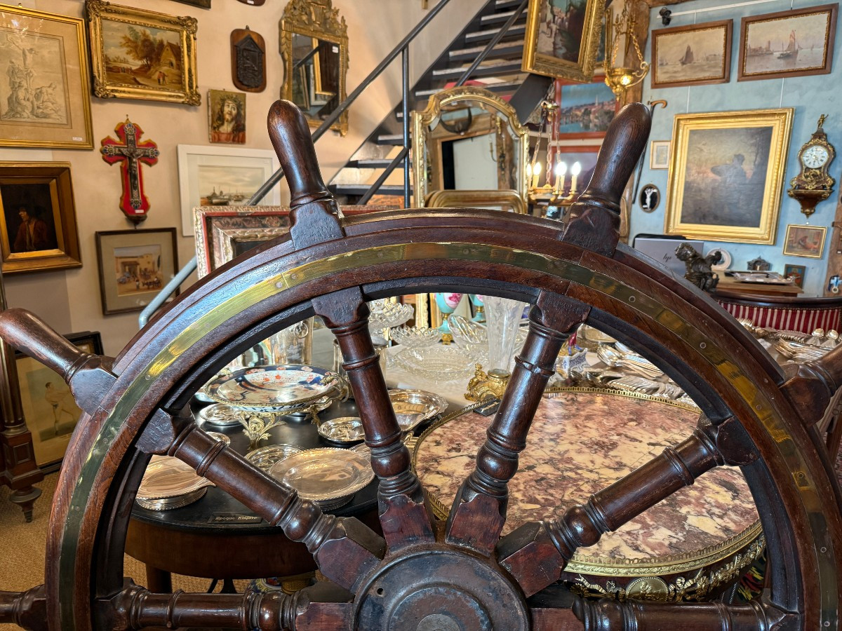 Very Large Mahogany Ship's Wheel From The Trawler Tigre In La Rochelle, 1921-photo-2