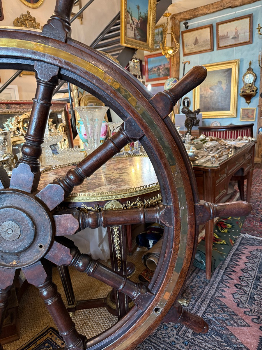 Very Large Mahogany Ship's Wheel From The Trawler Tigre In La Rochelle, 1921-photo-3