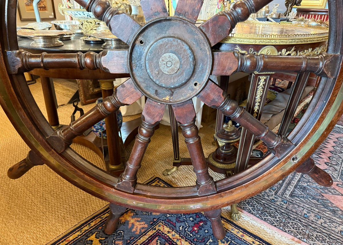 Very Large Mahogany Ship's Wheel From The Trawler Tigre In La Rochelle, 1921-photo-4