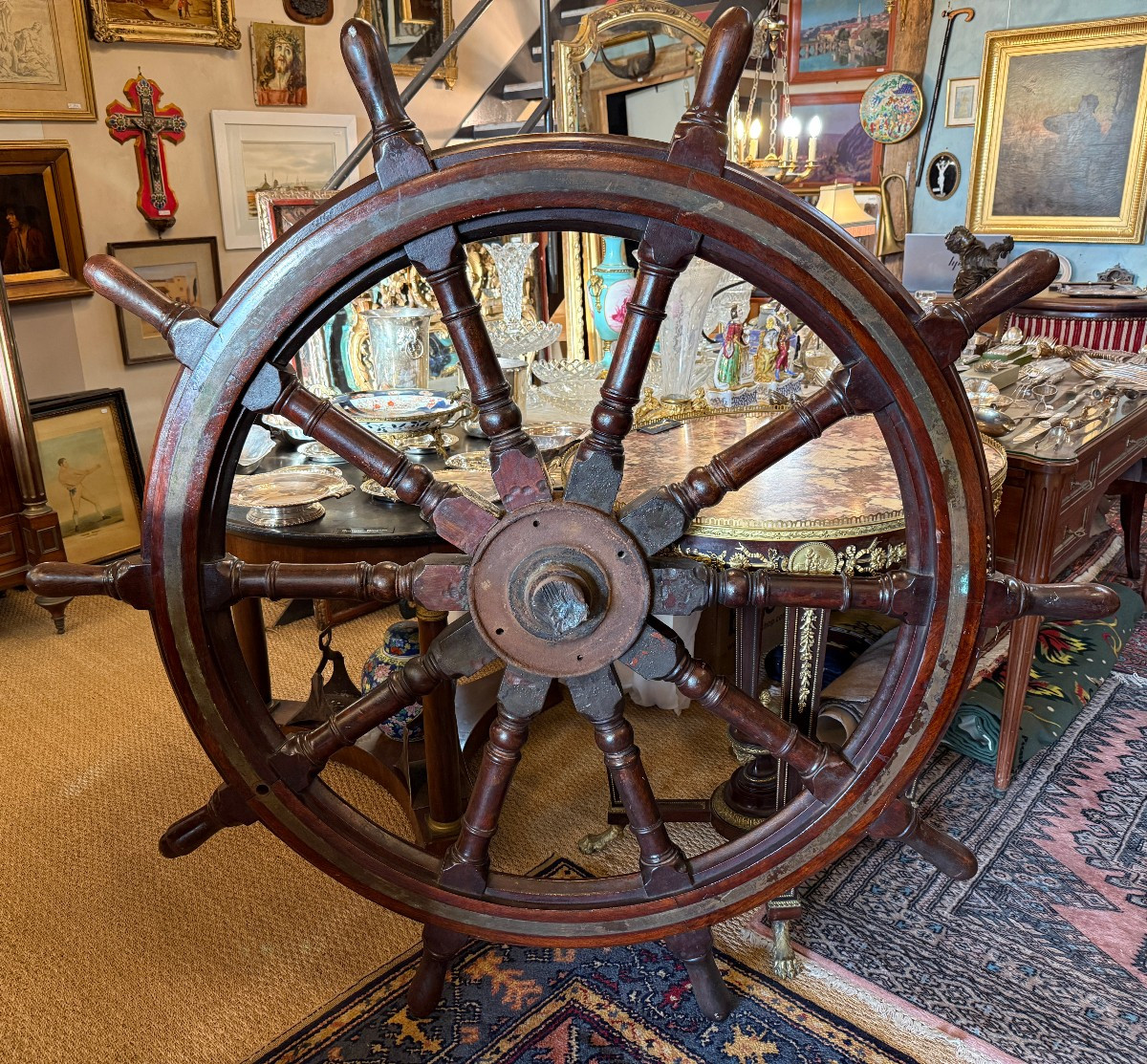 Very Large Mahogany Ship's Wheel From The Trawler Tigre In La Rochelle, 1921-photo-6