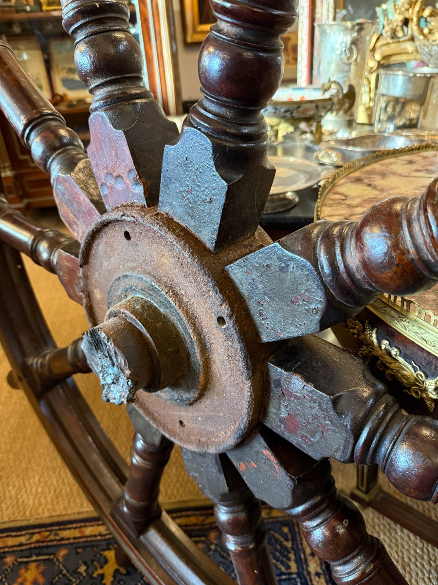 Very Large Mahogany Ship's Wheel From The Trawler Tigre In La Rochelle, 1921-photo-7