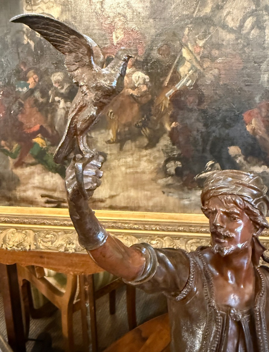 Sculpture bronze orientaliste Le Fauconnier par Marcel Début fin XIXème 66 cm-photo-3