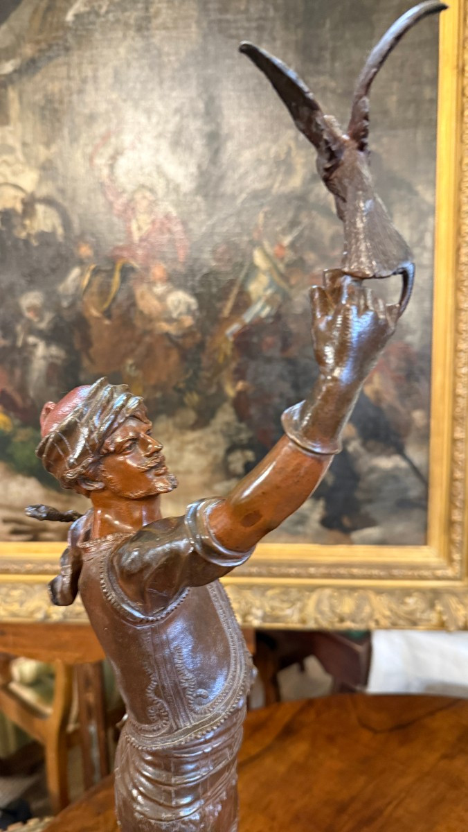 Sculpture bronze orientaliste Le Fauconnier par Marcel Début fin XIXème 66 cm-photo-7