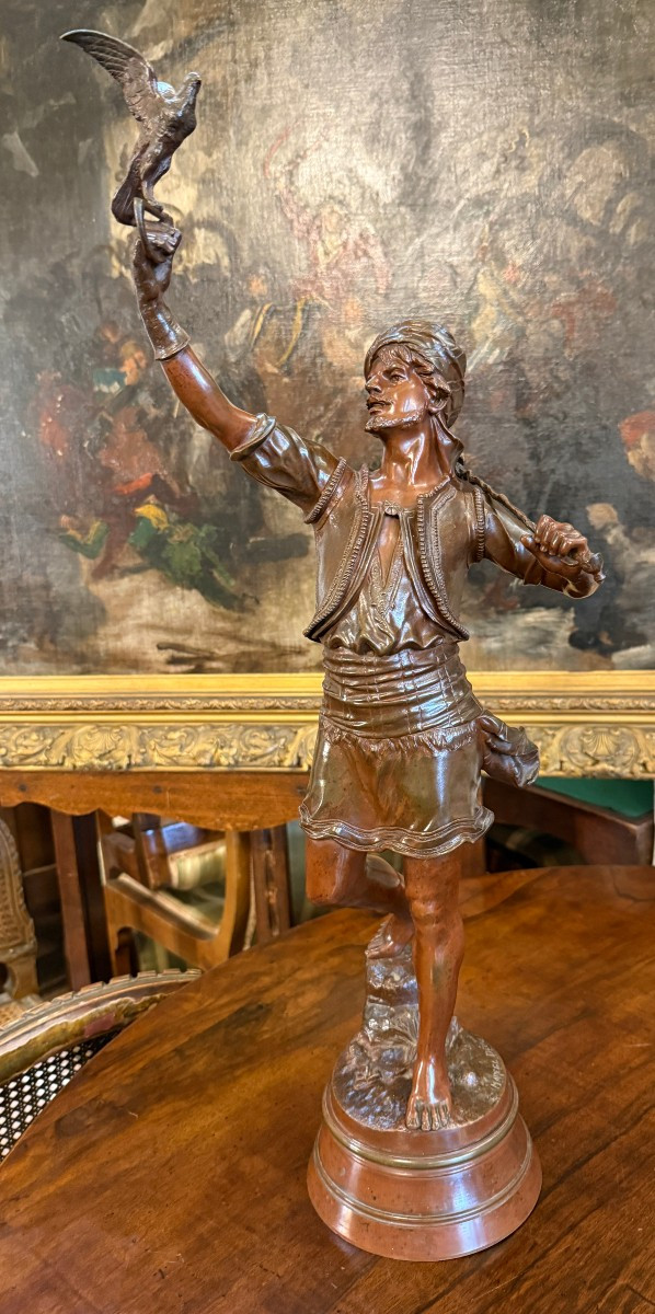 Sculpture bronze orientaliste Le Fauconnier par Marcel Début fin XIXème 66 cm