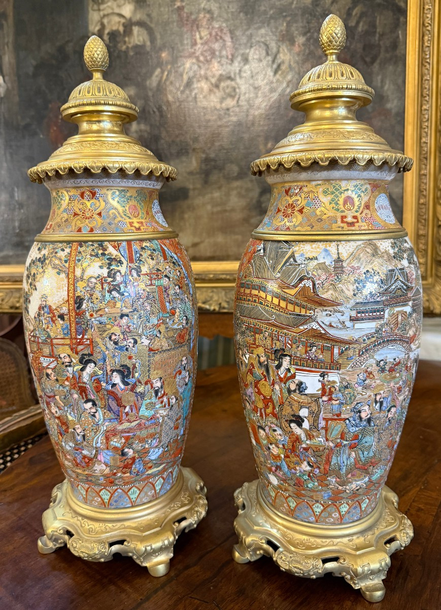 Important Pair Of Satsuma Faience Vases Mounted In Bronze, Japan, Meiji Period, Circa 1880 