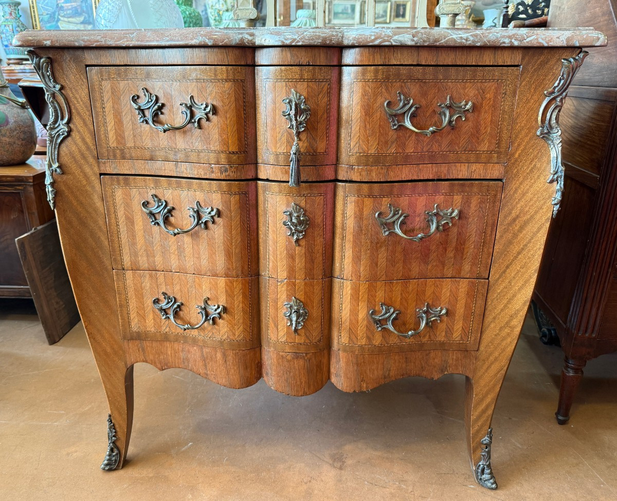 Small Louis XV Marquetry Commode With Crossbow-shaped Top, Late 19th Century, 87 Cm-photo-2