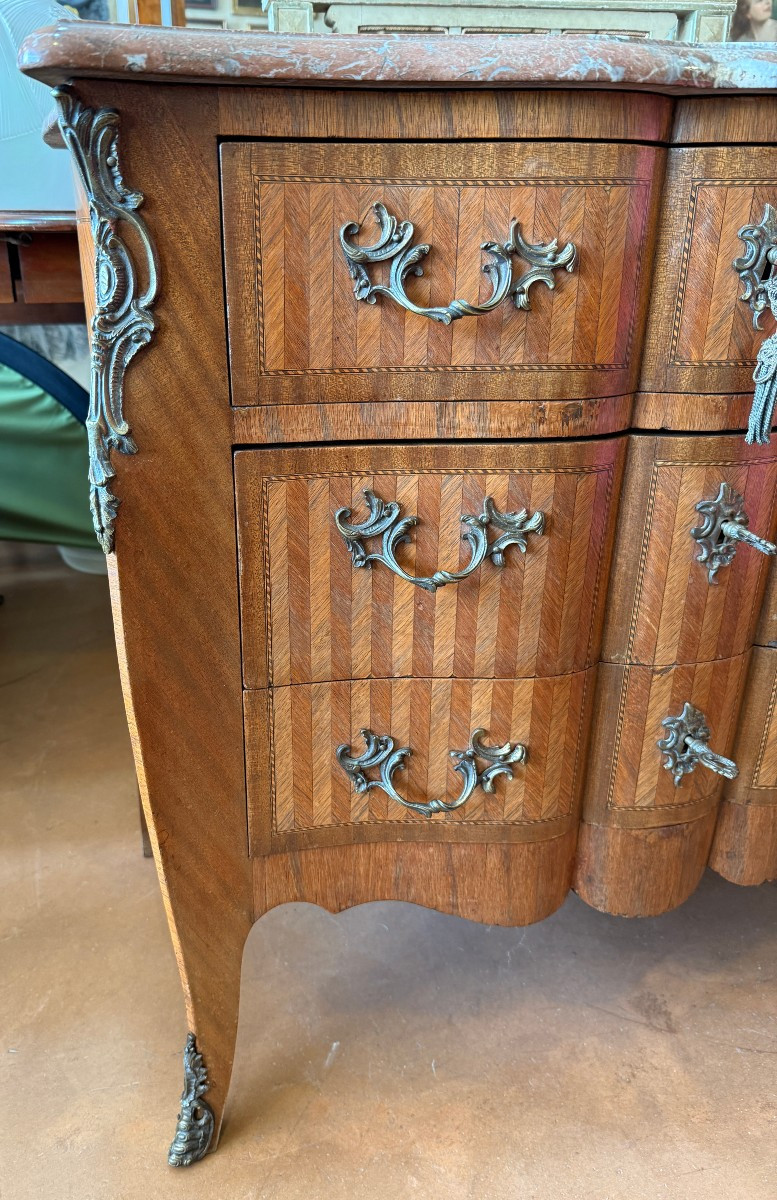 Small Louis XV Marquetry Commode With Crossbow-shaped Top, Late 19th Century, 87 Cm-photo-3