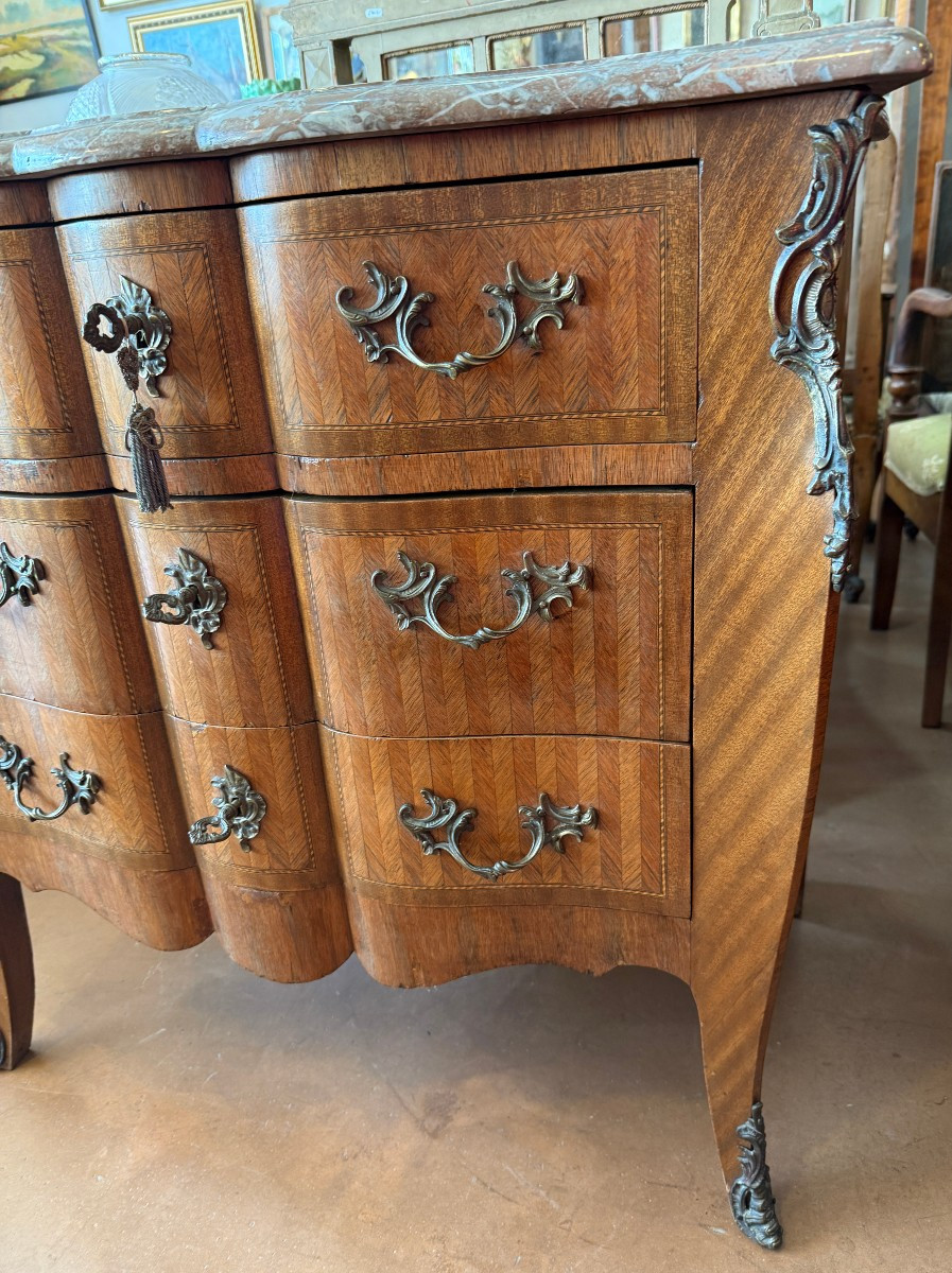 Small Louis XV Marquetry Commode With Crossbow-shaped Top, Late 19th Century, 87 Cm-photo-1